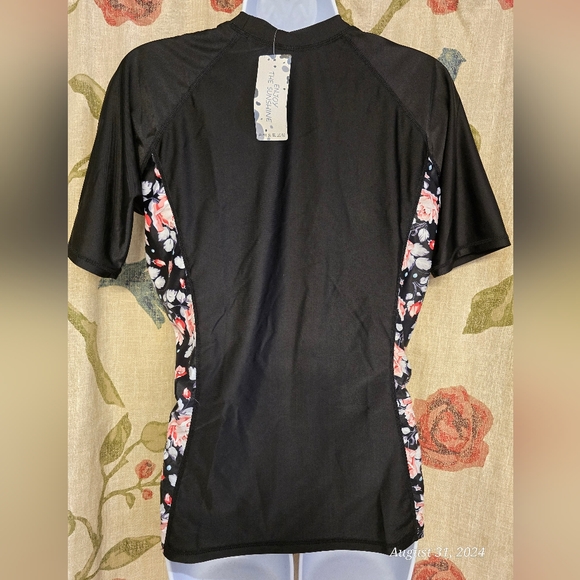 Enjoy The Sunshine, women's sz LG swim-tee, black w rose print side panels - Picture 3 of 6
